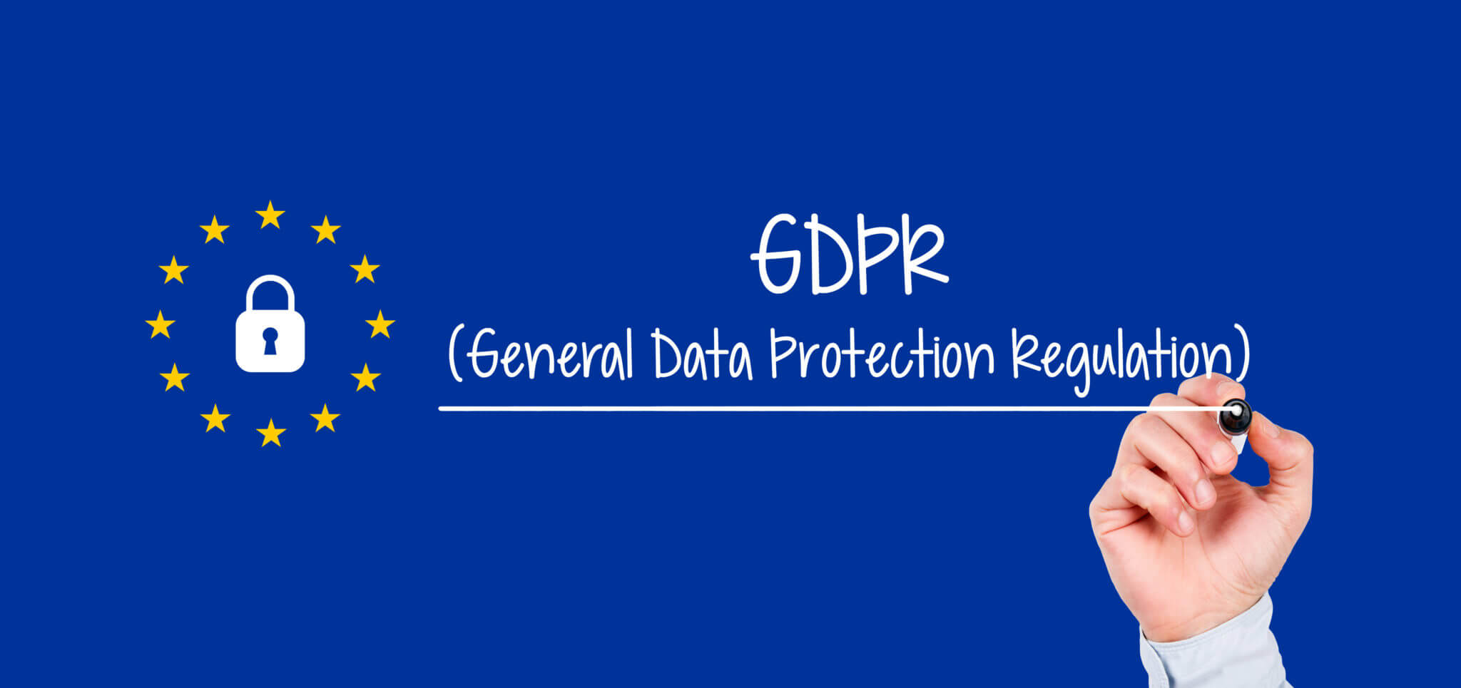 A blue background features the text "GDPR (General Data Protection Regulation)" written centrally. To the left, a padlock encircled by stars mimics the European Union flag, symbolizing GDPS. On the right, a hand holds a black marker as if writing the text.