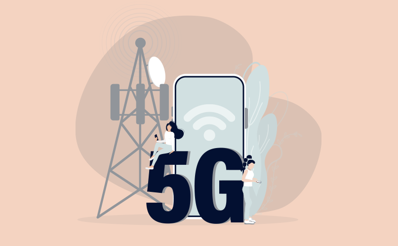 Illustration of two people interacting with a large 5G text in front of a smartphone, symbolizing wireless technology. A cellular tower stands in the background, highlighting the connection to 5G networks. The background is a soft peach color with abstract shapes.