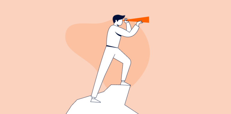 Illustration of a person standing on a peak, looking through a telescope. The background is peach-colored with an abstract shape behind the figure. The person is dressed in white with dark hair, facing right, symbolizing exploration or tracking a transfer with Ria.