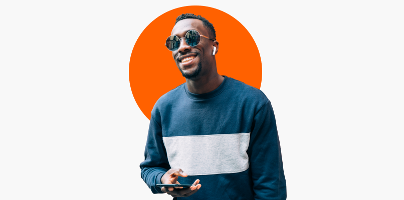 young man listening to music ria orange disc behind