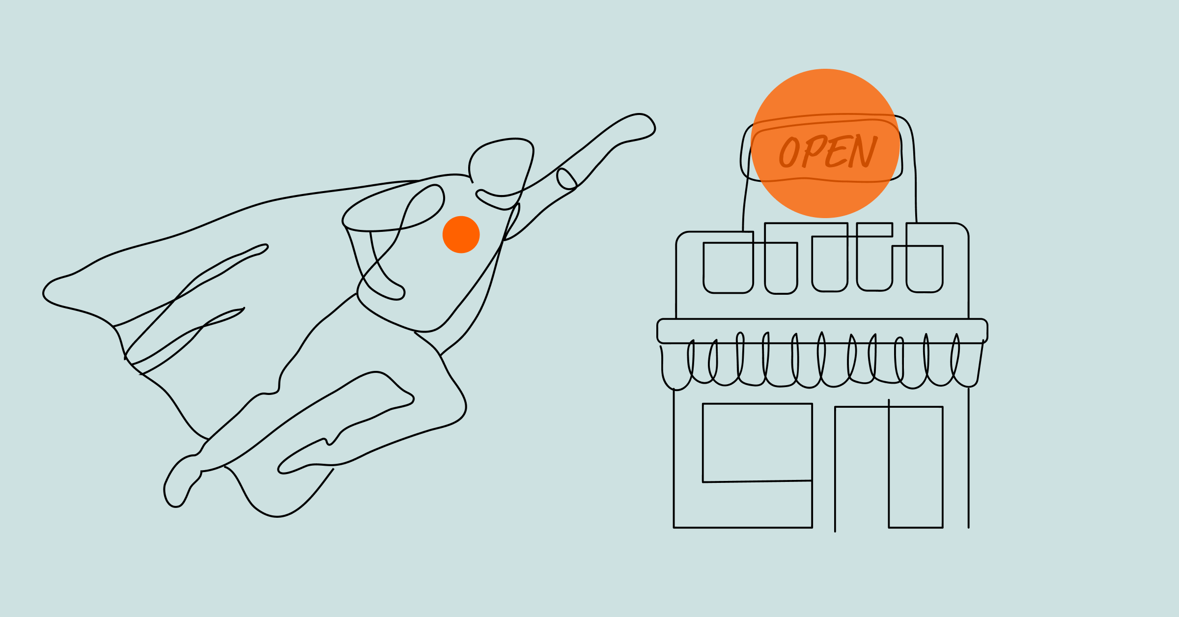Line art of a superhero with a cape flying towards a building with a glowing "OPEN" sign on the roof. Both the superhero and the building are outlined, with the superhero having an orange circle on the chest and the open sign filled with solid orange.