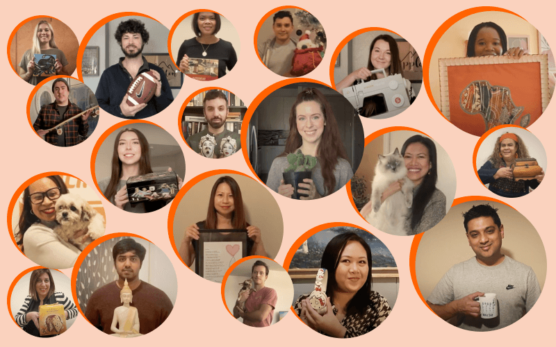 A collage of 18 individuals, each holding a special item, ranging from pets, plants, and art to books and tools. The orange circular frames highlight their distinct items and smiles, indicating a diverse and personalized collection of what they cherish.