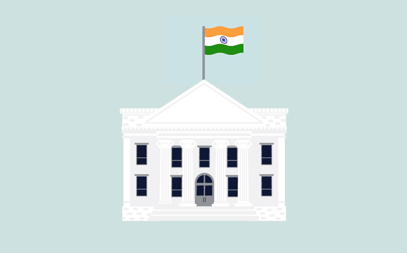 Illustration of a white government building with classical columns and an arched central door. Atop the building flies the national flag of India, which features horizontal stripes of saffron, white, and green with a blue Ashoka Chakra in the center—an iconic landmark for NRE and NRO account holders.