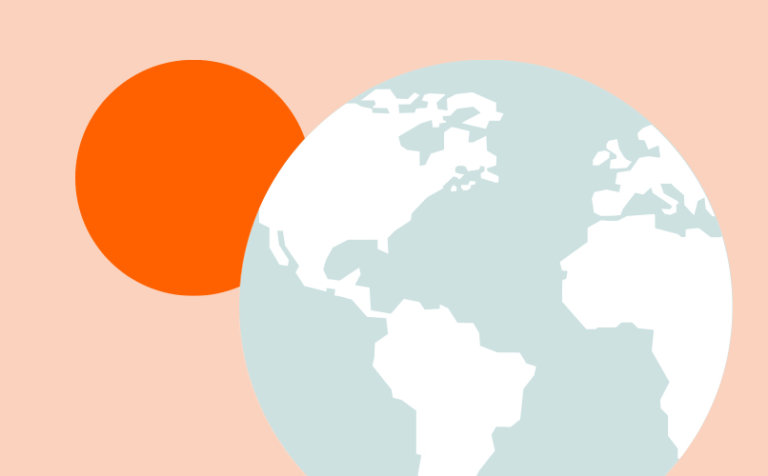 Una ilustración minimalista que muestra una porción de la Tierra con América del Norte y del Sur representadas en blanco sobre un fondo azul verdoso claro. Un círculo naranja se superpone al lado izquierdo de la Tierra, todo ello sobre un fondo melocotón claro.