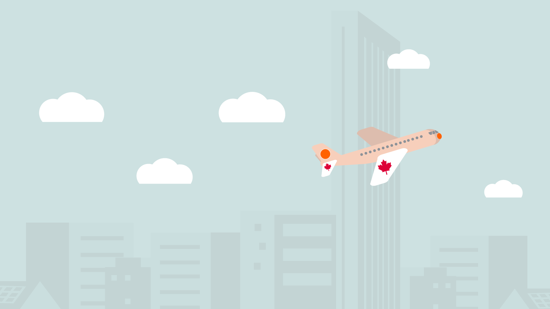 Illustration of a beige and orange airplane with a maple leaf symbol on its tail and wing, flying over a city with tall buildings and scattered clouds in the sky, capturing the essence of Canada.