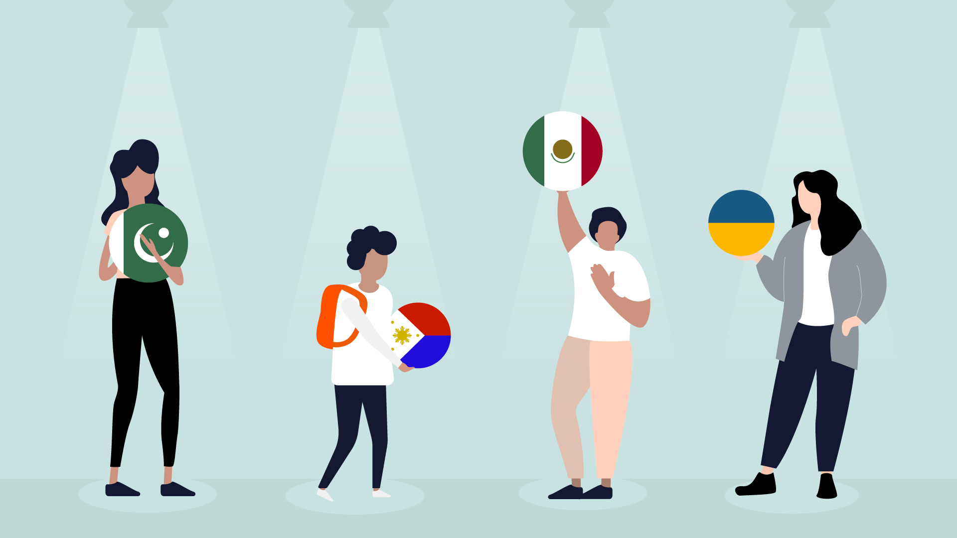 Illustration of four individuals under spotlights, each holding a round object resembling a flag. From left to right: a person with the Pakistan flag, a person with the Philippines flag, a person with the Mexico flag, and a person with the Ukraine flag. The artwork captures cultural diversity in 2022.