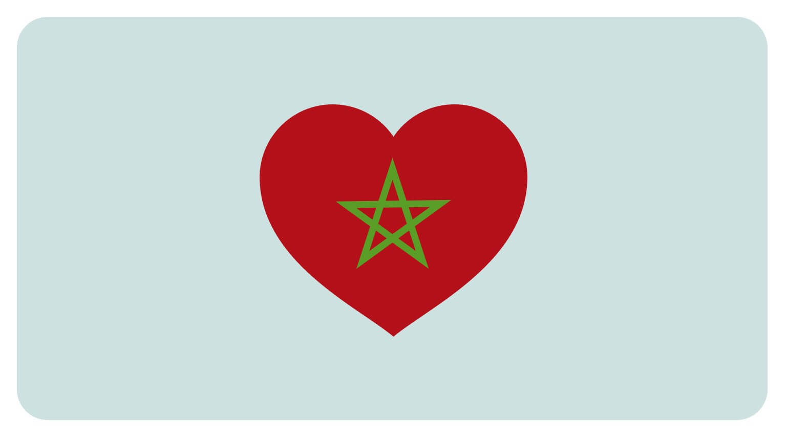 An illustration of a red heart with a green interlaced pentagram in the center, symbolizing the flag of Morocco, set against a light blue background with rounded corners.