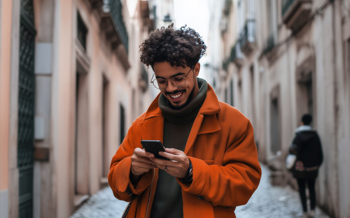 Un hombre con un abrigo naranja y gafas sonríe a su teléfono mientras camina por una calle estrecha y adoquinada bordeada de edificios.