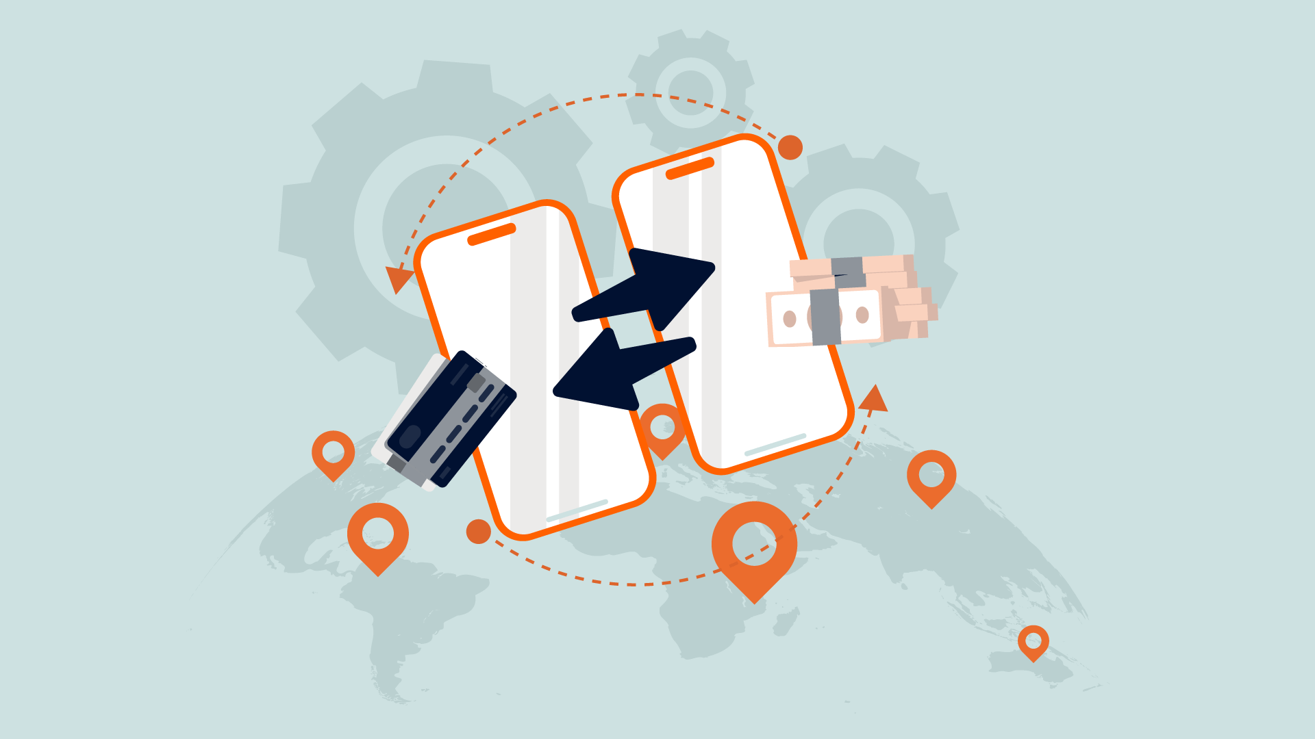 Illustration of two smartphones with arrows between them, surrounded by icons of a credit card, cash, gears, and location pins on a world map background, representing digital money transfer and remittance regulations.
