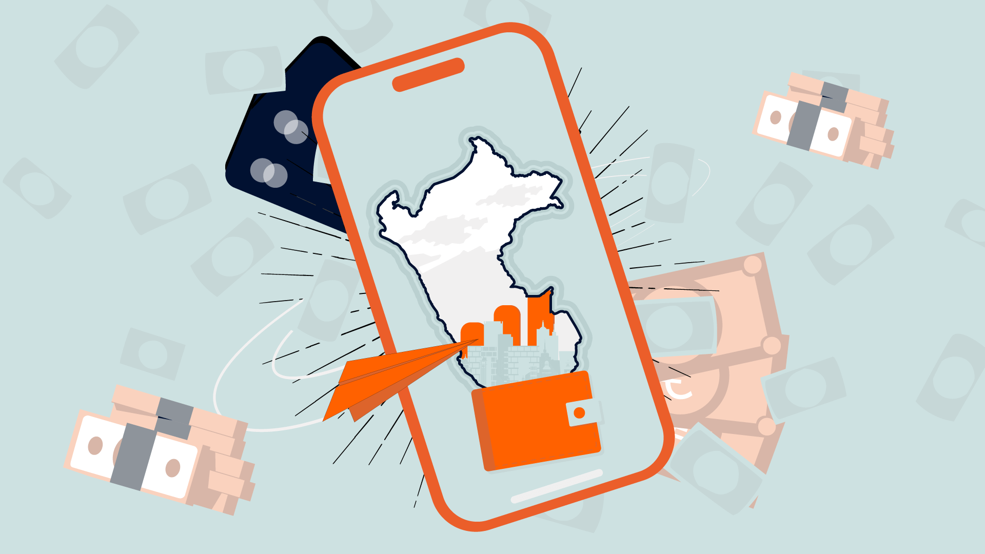 Ilustración de un teléfono inteligente que muestra el contorno de un mapa con siluetas de edificios urbanos, una cartera y un avión de papel. El teléfono está rodeado de fajos de billetes, tarjetas de crédito y billetes dispersos, que simbolizan las finanzas digitales o la transferencia de dinero.