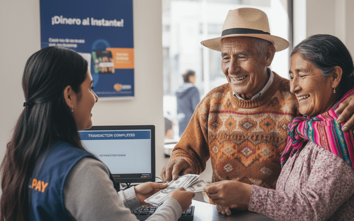 An elderly couple smiles as they receive cash from a female teller across a counter after they send money to Peru. A computer screen displays "Transaction Completed" and a sign on the wall reads "¡Dinero al Instante!.