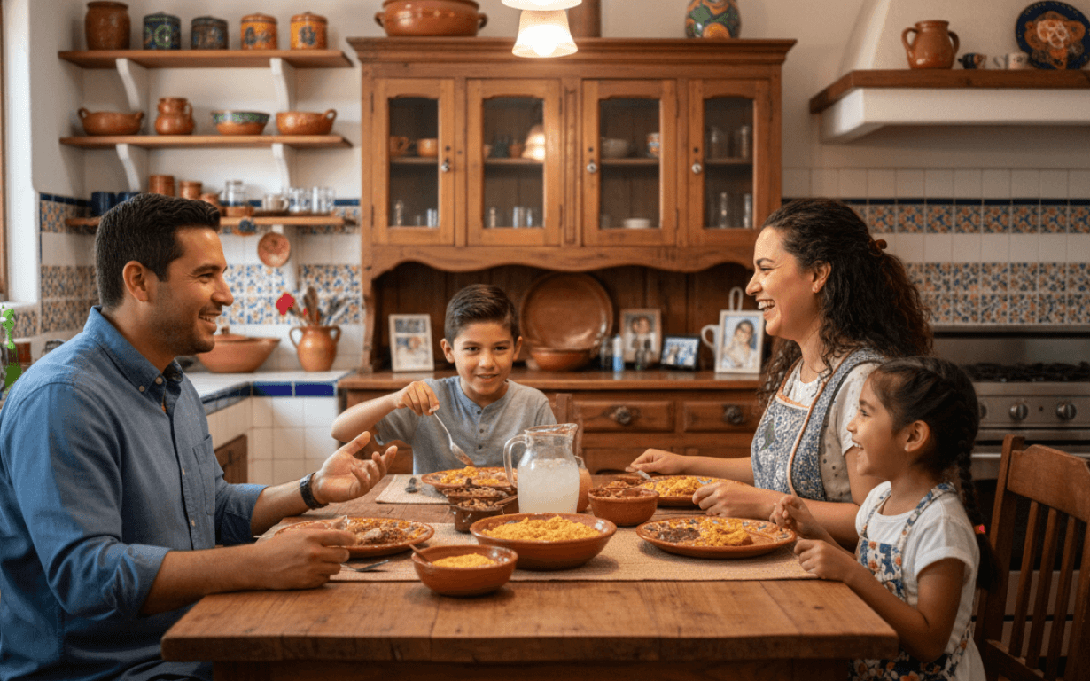 A smiling family of four sits around a wooden table in a cozy kitchen, sharing a meal and laughing together, thankful for the support that lets them send money from the US, creating a warm and joyful atmosphere.