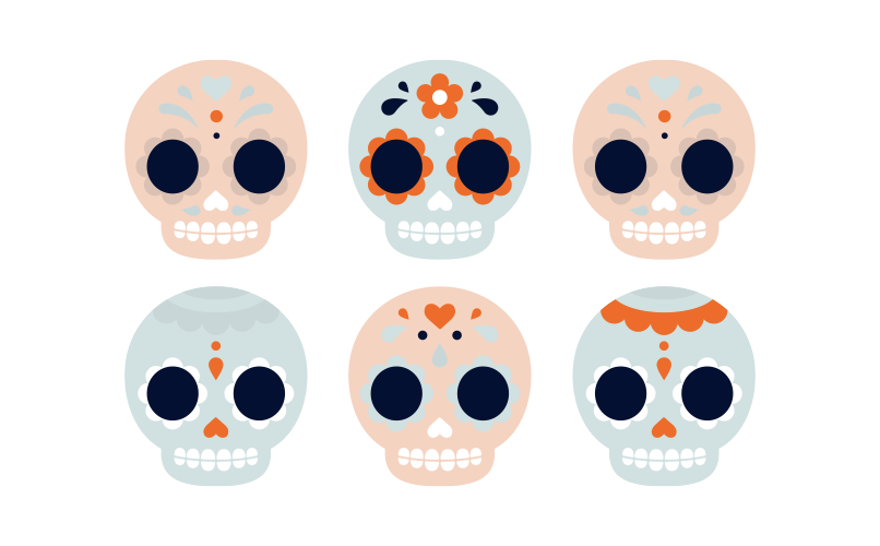 Una cuadrícula de seis coloridas ilustraciones de calaveras de azúcar dispuestas en dos filas de tres. Cada calavera tiene grandes cuencas de ojos negros y varios patrones decorativos con flores, corazones y puntos, en colores vibrantes como naranja, azul y rojo, sobre un fondo blanco.